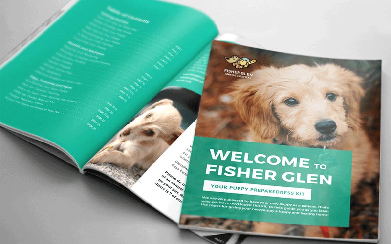 multi page information booklet depicting Fisher Glen's puppy kit